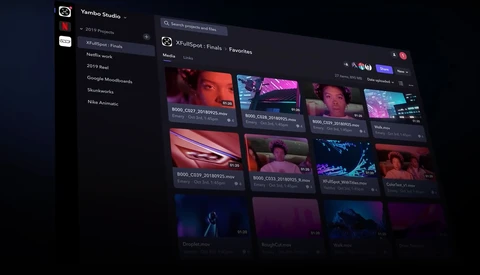 Screenshot of Vimeo Studio interface displaying a grid of video thumbnails with colorful neon and gradient lighting.