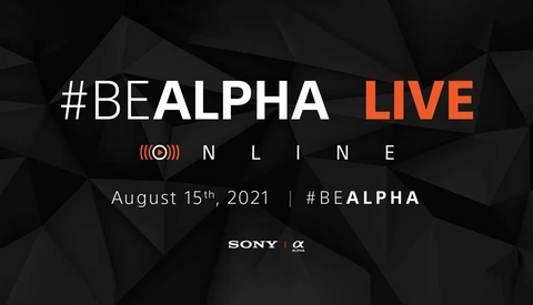 Promotional graphic for #BEALPHA LIVE ONLINE event scheduled for August 15th, 2021, featuring Sony Alpha branding.