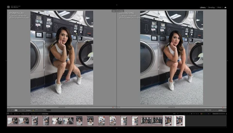Screenshot of Lightroom's side-by-side comparison view showing before and after versions of a portrait.