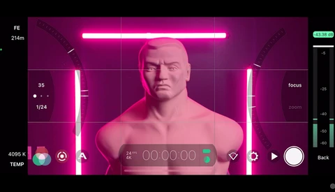 Screenshot of 3D rendering software displaying a muscular male bust model lit with neon pink side lighting.