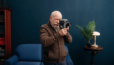 Older man in brown cardigan holding vintage film camera to his face indoors.