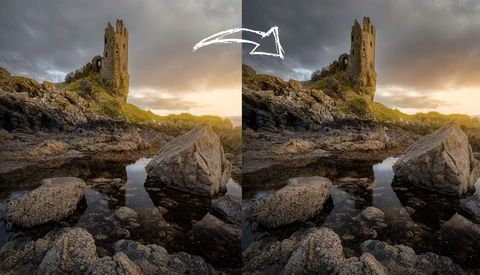 Side-by-side comparison of a coastal tower on rocky terrain with subtle differences in composition and processing.