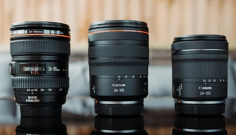 Three Canon zoom lenses arranged in a row, displaying their focal length ranges and optical construction details.
