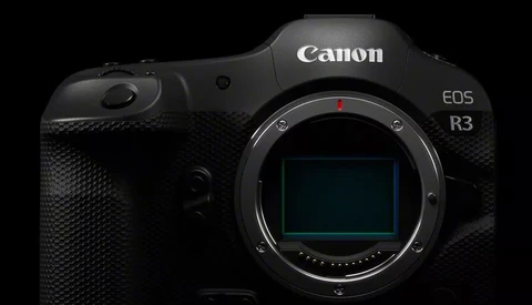 Canon EOS R3 mirrorless camera body displayed against black background.