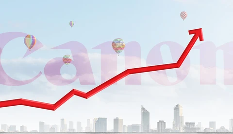 Illustration of an upward-trending red arrow above a city skyline with hot air balloons and growth-themed text overlay.
