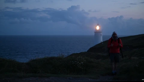 Solo hiker in red jacket standing on coastal cliff at dusk, facing illuminated lighthouse beacon on distant headland.