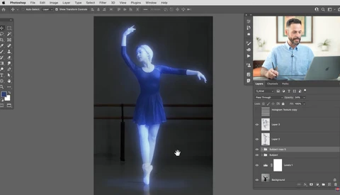 Screenshot of Photoshop with digital art of a glowing figure in blue light against a dark interior.