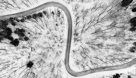 Aerial view of a winding road through snowy forest with dark evergreen trees creating strong contrast.