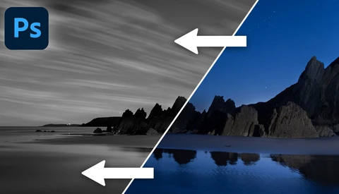 Screenshot showing Photoshop's color grading workflow with split-screen comparison of black and white and blue-toned landscape photos.
