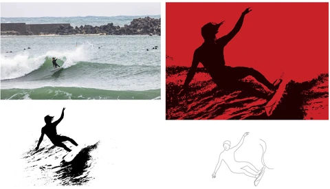 Four artistic interpretations of a surfer riding a wave, ranging from photograph to silhouette to line drawing.