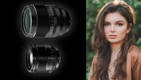 Two vintage camera lenses displayed against a dark background alongside a portrait of a young woman with long brown hair.