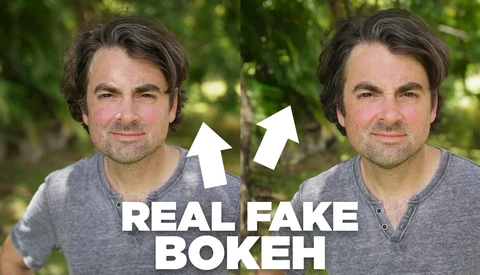 Side-by-side comparison of the same man's portrait showing real versus fake bokeh effect.