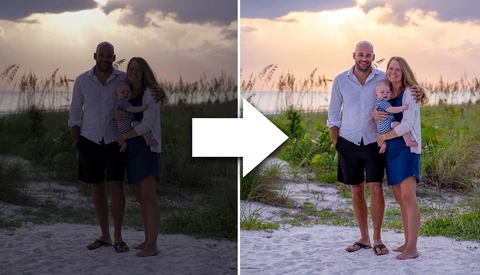 Before and after comparison of a couple's beach portrait with enhanced lighting and color correction.