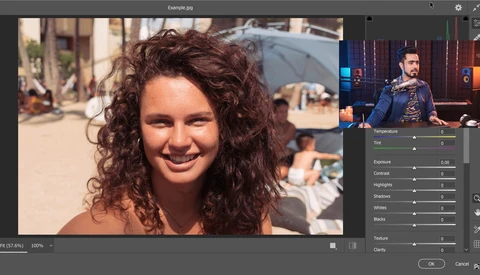 Screenshot of photo editing software showing portrait adjustment panel with exposure and contrast sliders.