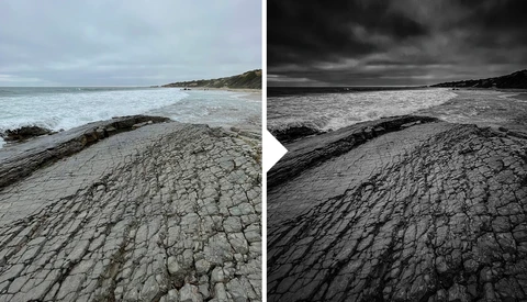 Coastal rock formations with textured surface patterns, shown in color and black-and-white comparison.