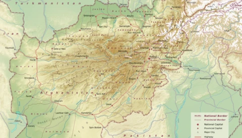 Political map of Afghanistan showing national borders, provincial capitals, and major cities with topographic terrain features.