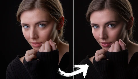 Before and after portrait comparison showing skin retouching adjustments on a woman's face.