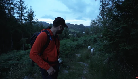 Hiker in red jacket pauses on a trail at dusk, looking toward grazing sheep in a misty valley below.