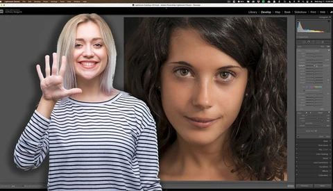 Screenshot of photo editing software showing before and after portraits of a woman.