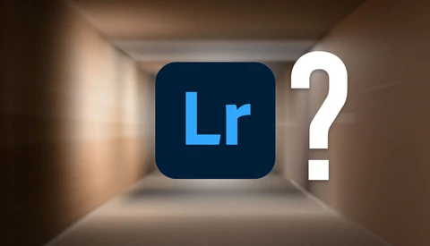 Adobe Lightroom logo with a question mark on a warm-toned interior background.