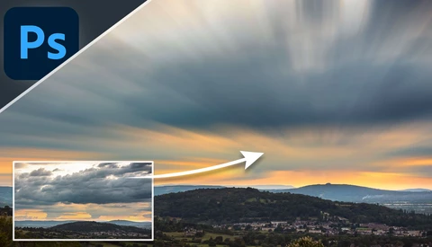 Photoshop tutorial graphic showing before-and-after comparison of landscape photo with dramatic sky.