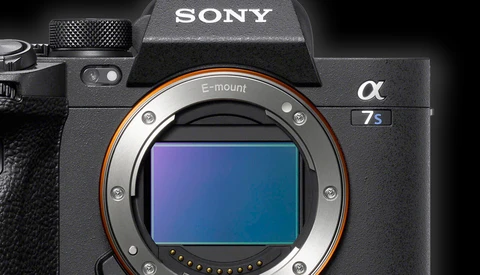 Sony α7s mirrorless camera with E-mount displayed from the front, showing the sensor and lens mount.