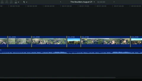 Screenshot of video editing timeline showing multiple clips of landscape footage in a professional NLE interface.