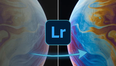 Adobe Lightroom logo centered between two colorful, abstract fluid art compositions with mirrored symmetry.