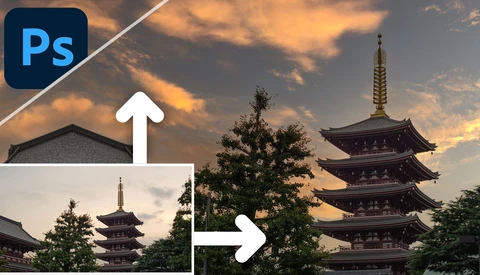 Screenshot demonstrating Photoshop editing workflow with before-and-after comparison of an Asian pagoda at sunset.