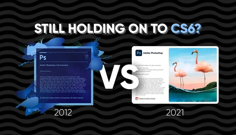 Graphic comparing Adobe Photoshop CS6 from 2012 versus current Adobe Photoshop from 2021.