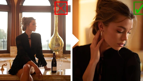 Woman in black blazer sitting by window with wine bottle and glass, shown in two compositional angles.