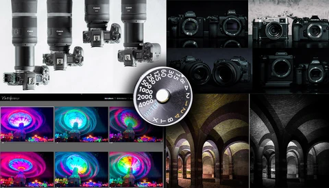 Nikon camera gear including lenses, bodies, and thermal/infrared imagery samples alongside architectural photography.