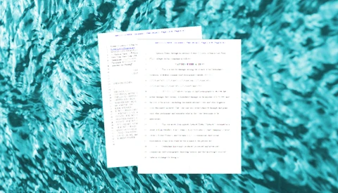 Printed pages with handwritten notes and equations laid on a turquoise textured surface.