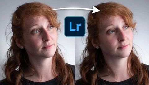 Before and after comparison of portrait retouching in Lightroom, showing skin smoothing and tonal adjustments.