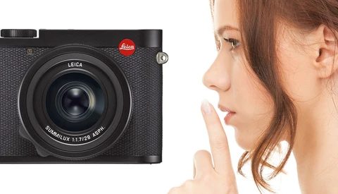 Leica Q camera with fixed lens displayed next to woman's profile portrait.