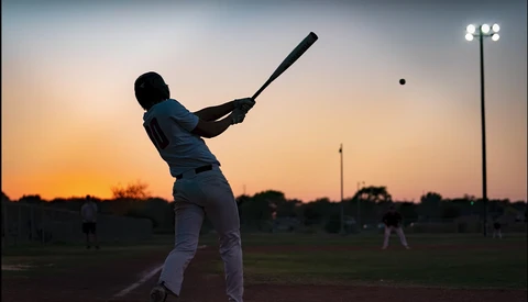 Silhouetted baseball batter mid-swing at dusk with field lights illuminated in background.