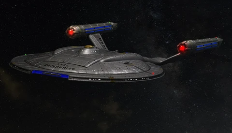 3D rendering of a starship with saucer section and twin nacelles against starfield backdrop.