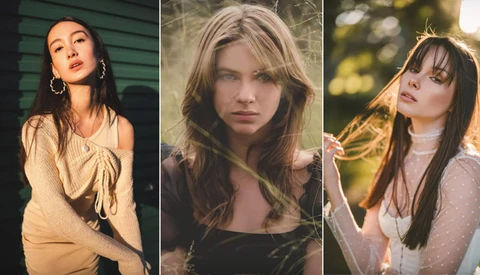 Three portrait photographs showing different women with long dark hair in natural and golden hour lighting.