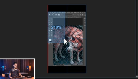 Screenshot of photo editing software showing a zoomed view at 219% with a portrait image of a person displayed across multiple panels.
