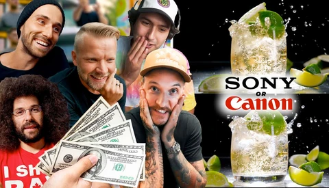 Composite graphic comparing camera brands with group of people holding money and cocktail images.