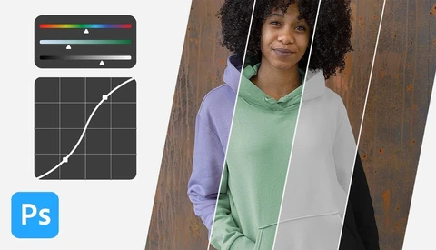 Screenshot of Photoshop curves adjustment panel with color sliders and graph overlay on portrait photo.