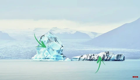 Illustration of a floating ice sculpture with green leaf elements above a turquoise glacial lake surrounded by snow-covered mountains.