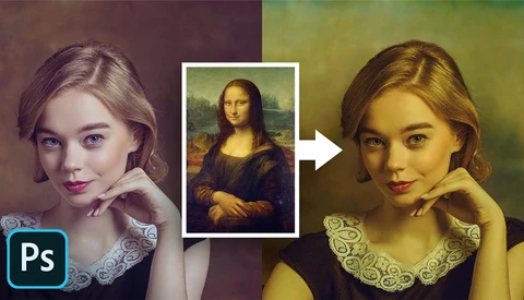 Photoshop tutorial screenshot showing portrait retouching with Renaissance painting style reference.