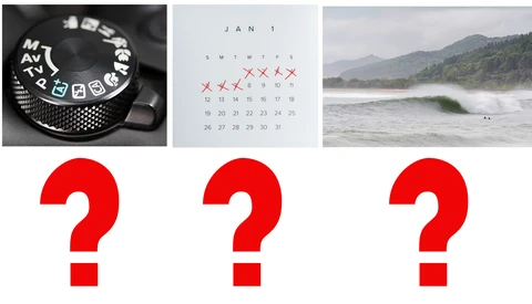 Three question marks in red, arranged horizontally below three photographs.