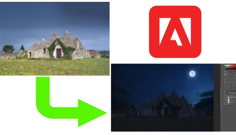 Before and after comparison showing daytime and nighttime processing of an abandoned stone cottage.