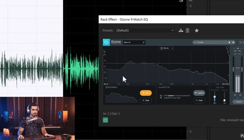 Screenshot of audio editing software showing waveform analysis and EQ interface with rack effect plugin.