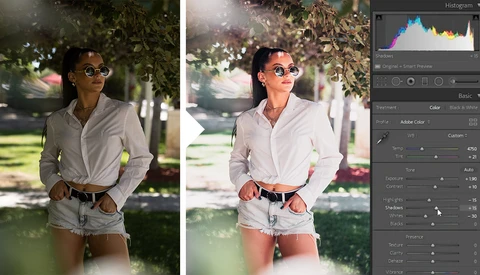 Before and after comparison of portrait editing showing increased contrast and brightness adjustments.