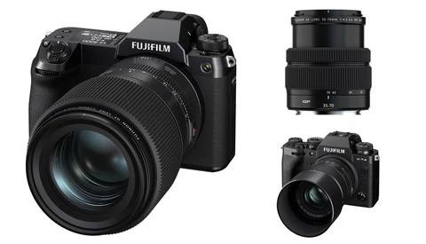 Fujifilm GFX mirrorless camera with three interchangeable lenses displayed.