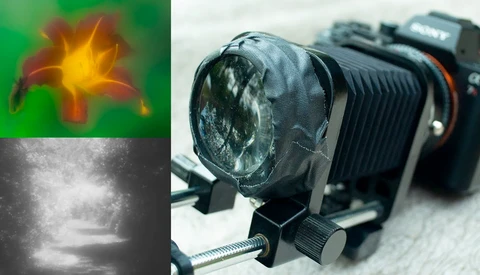 Macro lens attachment mounted on professional camera body with sample images showing close-up flower and water droplet photography.