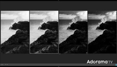 Contact sheet of four sequential black and white photographs showing waves crashing against dark rocky coastline.